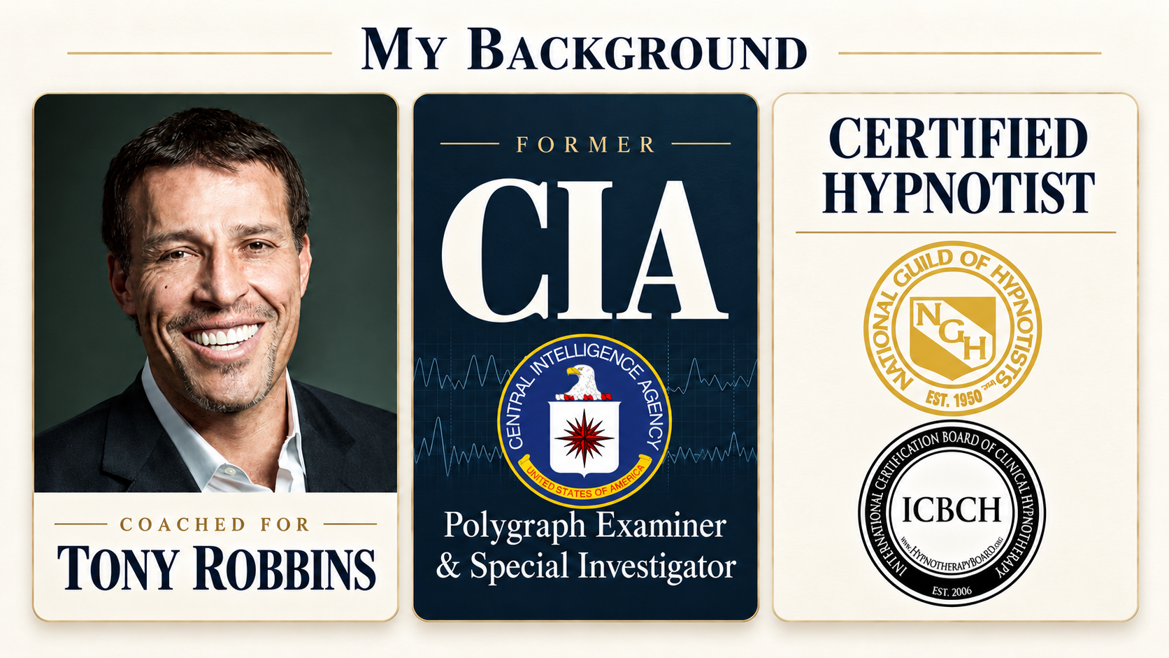 Dan Crum's background: Tony Robbins coach, former CIA, certified hypnotist